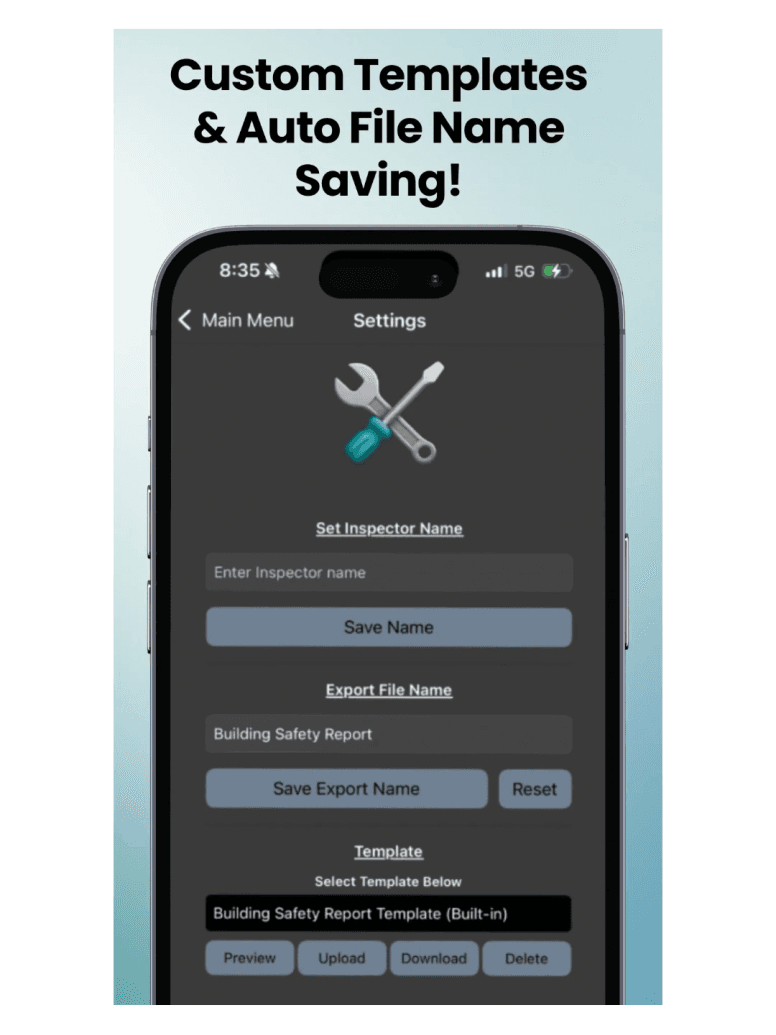 Formigo settings screen showing inspector name, export file name and template selection