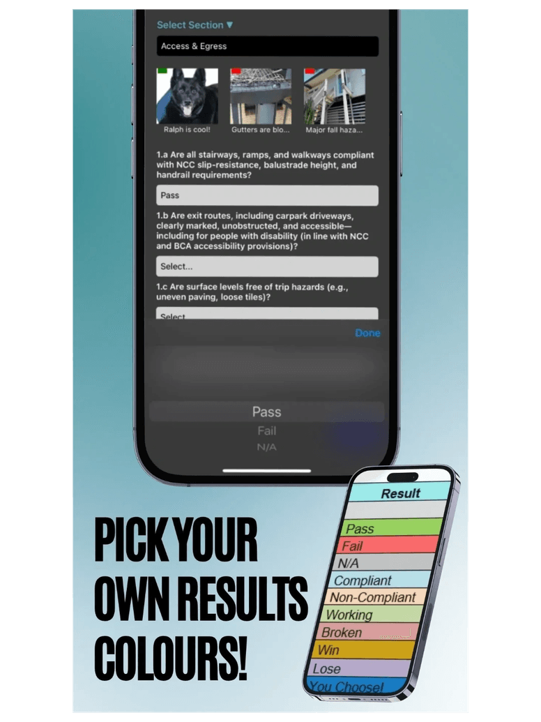 Formigo inspection questions with a colour-coded results picker