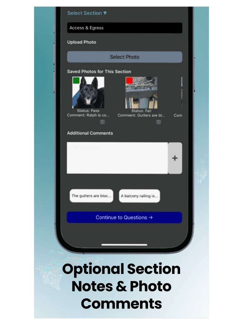 Formigo section screen with uploaded photos, pass and fail statuses and additional comments